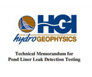 Logo of HydroGeophysics Inc. (HGI) with text below that reads, "Technical Memorandum for Pond Liner Leak Detection Testing." The HGI logo features a circle with a stylized graphic and the company name in blue and brown, appearing like official papers.